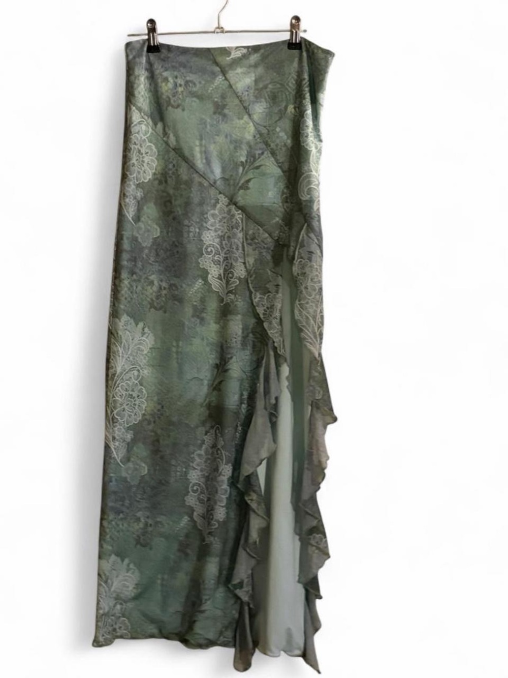 Tiger Mist Green Floral Ruffle Wrap Maxi Skirt